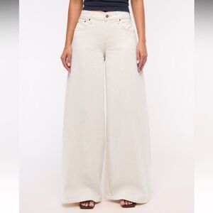 Abercrombie and Fitch Ultra Wide Leg Linen Blend Jeans in Ecru